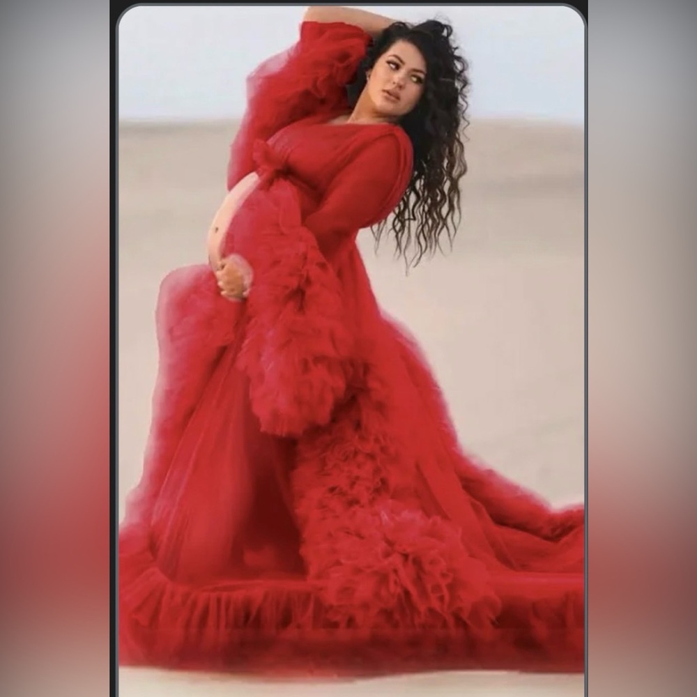 Red Tulle Maternity Gown with Dramatic Ruffle Train Size Medium